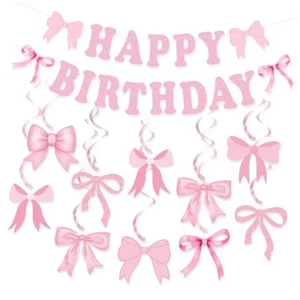 Bow Birthday Party Decorations, Pink Bow Birthday Banner Bow Party Hanging - Picture 1 of 8
