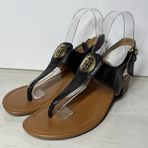 Tommy Hilfiger Women's Black Leather Sandals TH Logo Open Toe Size 8 - Picture 1 of 9
