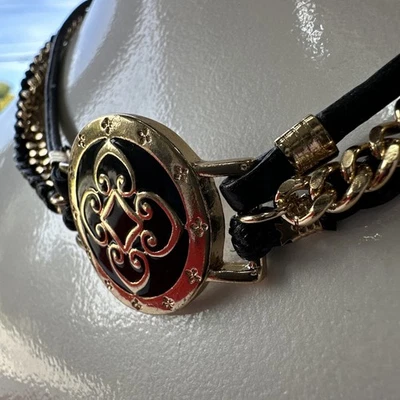 Necklace Medallion Gold Tone Leather Black Cord Adjustable 20" vtg - Image 1 of 4