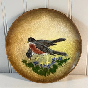 Vintage Enamel Over Copper 2 Robins Bird Flower 7” Decorative Plate Signed NICE - Picture 1 of 8