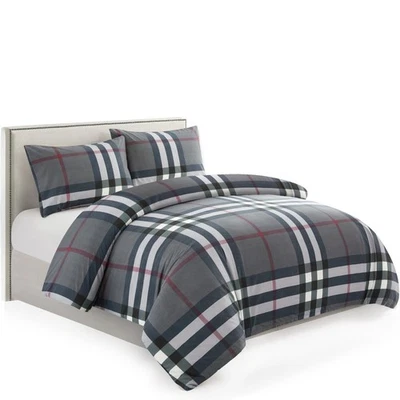 Plaid Bamboo Duvet Cover Fitted Sheet Bedding Set  Grey Tartan Queen Size - Image 1 of 4
