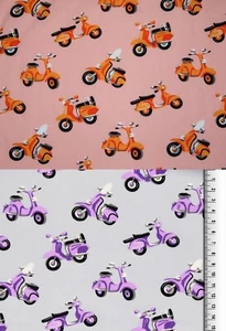 Leichte Webware mit Motorroller Roller Moped lila  grau orange Viskose Meterware - Bild 1 von 3
