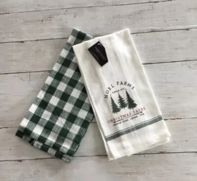 2pk Robert Stanley Kitchen Towels Christmas Noel Farms Green Check Decor 16”x26”