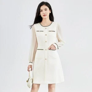 Luxury Tweed Dress Women's Long Sleeve A-line Crew Neck Midi Dress Party Office - Picture 1 of 24