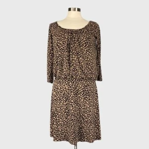 Maggy London Womens Polka Dot Blouson Waist Dress Tan Black Scoop Neck size 8 - Picture 1 of 8