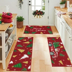 U'Artlines Christmas Kitchen Rug and Mat Set of 3, Non Skid Xmas Colorful Tre... - Picture 1 of 9