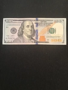 (BINARY NEAR SOLID) 2009 $100 Bill Serial # LB 88888808 D - Picture 1 of 3