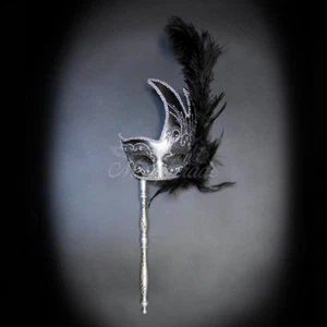 Handheld Stick Venetian Masquerade Mask for Women Silver/Black M6131 - Picture 1 of 5