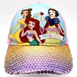 Disney Princess Hat Cap Strap Back Girls Pink Sequin Belle Ariel Snow White Kids - Picture 1 of 10