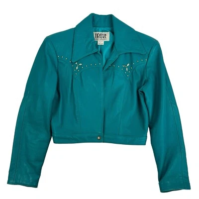 VTG Firenze Santa Barbara Turquoise Studded Beaded Genuine Leather Jacket L/S Foto 1 de 4