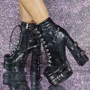 Women Ankle Boots Platform Zip Up Buckle Strap Thick Chunky High Heels Booties - Picture 1 of 6