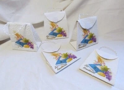 5x kleine Geschenktasche +Henkel Zur Kommunion Gebetbuch/Trauben/Brot Handarbeit - Bild 1 von 3