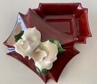 Vtg Brahm California Ceramic Rose White Flower Maroon Trinket Jewelry Box MCM