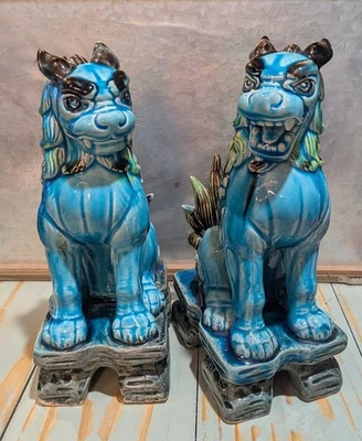 Un par de perros/leones foo vintage grandes asiáticos azul turquesa porcelana 10,5" T Foto 1 de 4