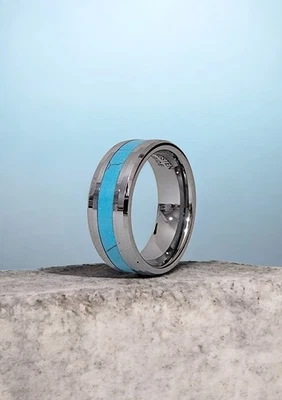 Anel masculino de carboneto de tungstênio turquesa incrustado ajuste confortável banda promessa 8mm tamanho 9 - Imagem 1 de 4