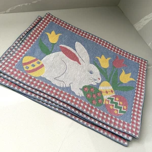 Set of 4 Placemats Easter Eggs Bunnies Colorful Pastel Vintage 13x19" Woven - Picture 1 of 8