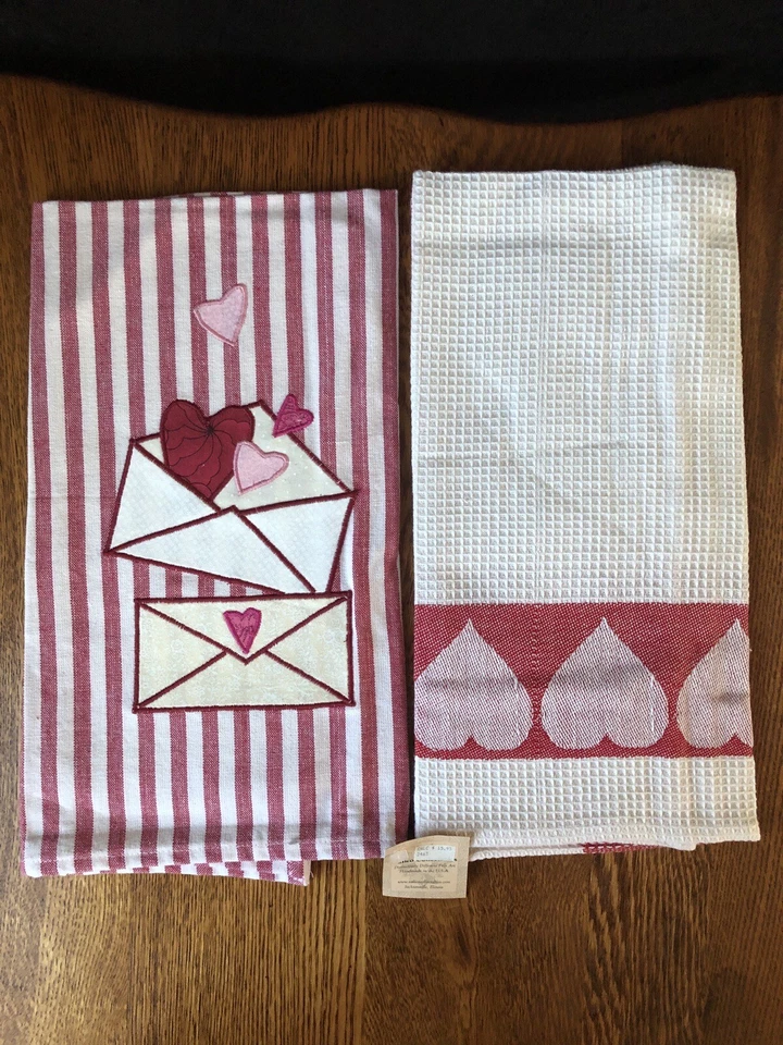Toallas de plato bordadas con estampado de algodón de San Valentín Calico coleccionables corazones nuevas con etiquetas (2 Foto 1 de 4