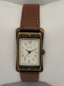 Ladies Vintage Guess 1989 Rectange Gold Tone Brown Leater Band Watch L5 - Picture 1 of 9