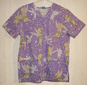 DISNEY Scrub Top, Purple TINKER BELL, V-Neck, 4 Pockets Medium - Picture 1 of 6