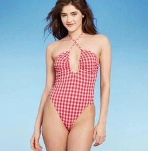Wild Fable Damen KLEINER Badeanzug rot Gingham kariert Kreuzneckholder hohes Bein - Bild 1 von 4