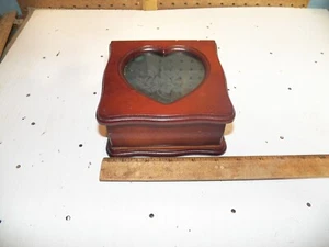 Wooden Jewelry Box, Lid w/ Etched Design on Heart Glass Window - Picture 1 of 9