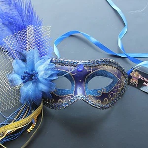 Royal Blue Venetian Masquerade Mask w/Ostrich Feathers Party Prom Mardi Gras - Picture 1 of 3