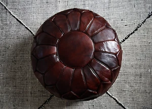 Luxury Double Lined Mahogany Genuine Leather Pouf - Round | Black White Toffee - Picture 1 of 11