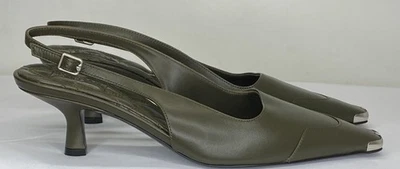 Burberry Womens Chisel Slingback Pumps Size 7 Olive Leather Buckle Kitten Heel - Image 1 of 4