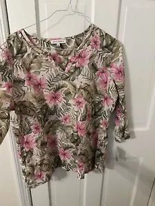 Emily Daniels Tropical Print Top Size Lg 3/4 Sleeves Beaded Split Neck NWT - Picture 1 of 8
