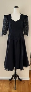 Vintage Retro 80's Black Lace Top Puff Sleeve Cocktail Prom Dress Size M-L - Picture 1 of 4