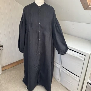 Ichi Antiquites Dress One Size Grey & Blue Check 100% Linen Long Pockets Japan - Picture 1 of 13