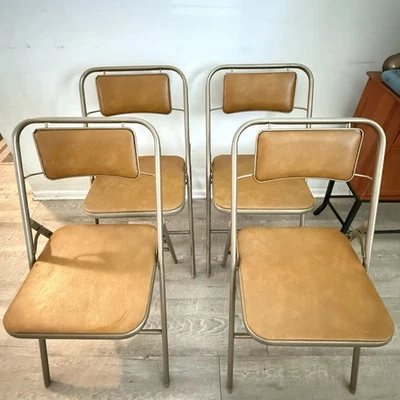 Vintage Set Of 4 Samsonite Folding Chairs With Brown Vinyl Seats Mid Century - Image 1 of 4