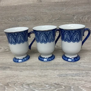 Lote de 3 tazas de té Bombay azulejo 4,5" patas azul blanco platino - Imagen 1 de 8
