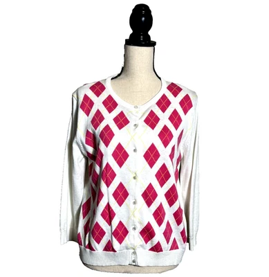 Vintage Tweeds Cardigan Sweater Argyle Preppy Women’s L White  Pink Button Up - Image 1 of 4