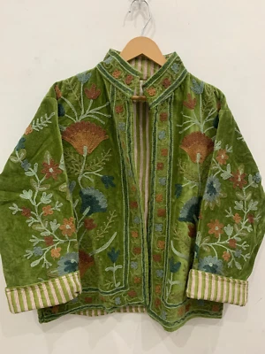 Green Velvet Suzani Embroidered Short Jacket | Suzani Bomber Women's Jacket - Image 1 of 4