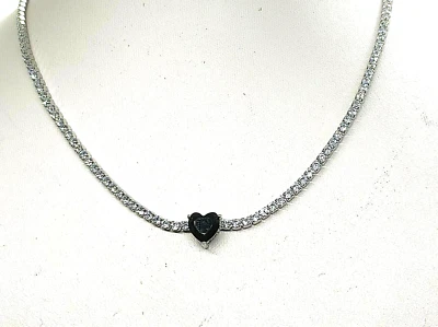 Choker  collana donna tennis in Argento 925  zirconi bianchi  e cuore  nero - Immagine 1 di 4