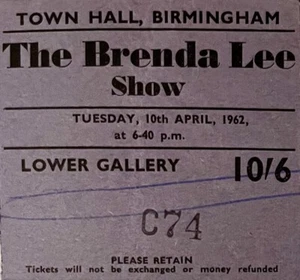 Gene Vincent Brenda Lee April 1962 Birmingham U.K. Original Concert Ticket - Imagen 1 de 8