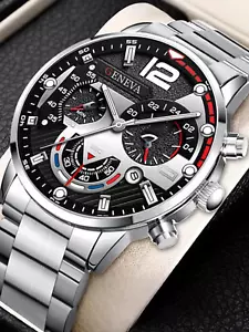 4PCS Men's Silver Watch Set Quartz Calendar Bracelet Cuban Chain Necklace - Picture 1 of 9
