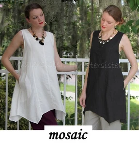 MOSAIC EE. UU. 2535 Lino con hem bolsillo puente tanque Túnica Larga Top S L MARFIL NEGRO - Imagen 1 de 10