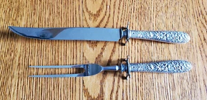 STERLING SILVER FLORAL SOUTHERN ROSE REPOUSSE HANDLE CARVING SET - Picture 1 of 4