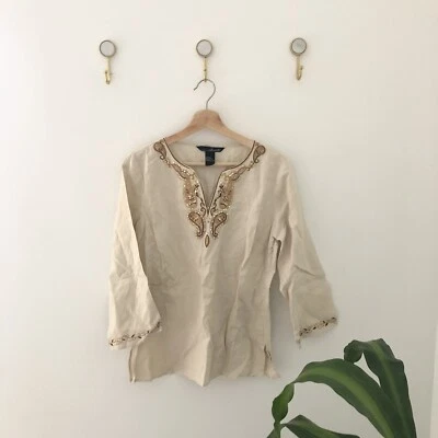 WILLI SMITH Lino Crema Marrón Paisley Bordado Top Camisa Blusa Mujer 8 NUEVO SIN ETIQUETAS Foto 1 de 4