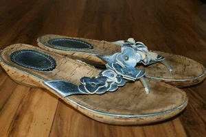 Pixel Womans 9M Leather cork sandals flip flops blue metalic flower straps 13531 - Picture 1 of 8