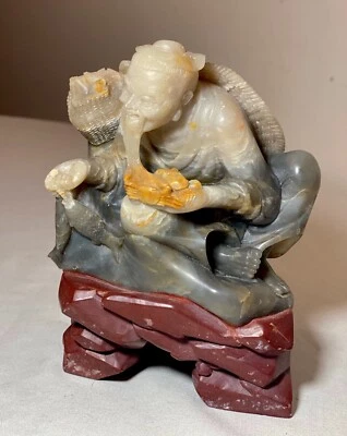 signed antique carved Chinese Shoushan hard stone fisherman man sculpture statue - Image 1 of 4