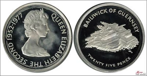 Guernsey 25 Pence 1977 / Queen's Silver Jubilee / 28.28 Gr. Silver / In - Picture 1 of 1