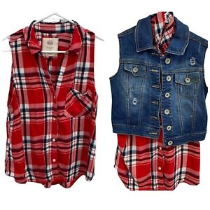 Girls Top Distressed Denim Vest Combo Red Plaid Size 14 Pocket Button Lot of 2
