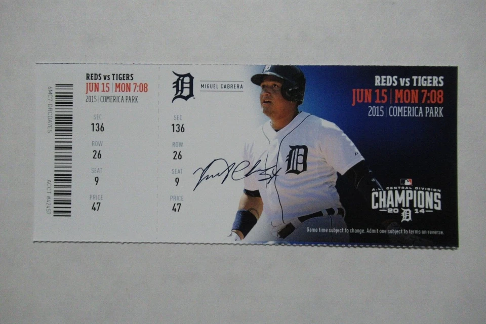 DETROIT TIGERS VS CINCINNATI REDS 6/15/2015 FULL TICKET ~ MIGUEL CABRERA - Image 1 of 1
