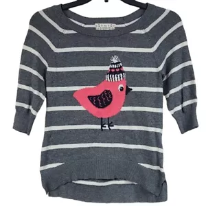 Girls Pink Republic Winter Bird Gray Striped Sweater Pullover Top M 10/12 Cotton - Picture 1 of 8