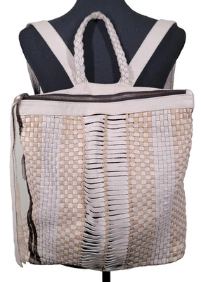 Mochila de cuero tejido crema rosa Cleobella boho correas trenzadas bolso de mano grande Foto 1 de 4