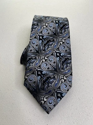 Van Heusen 灰色、黑色、蓝色佩斯利图案手工制作 100% 领带全新无标签 — 第 1/4 张图片