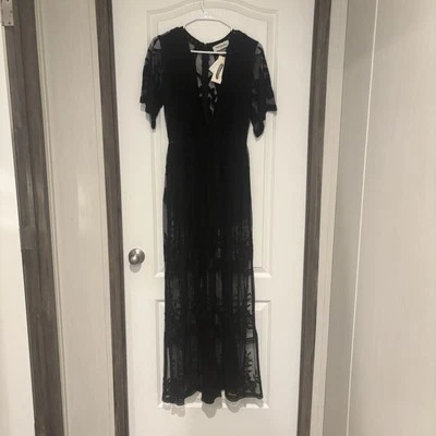 Maxi vestido mameluco con superposición de encaje floral negro para mujer talla S Witchycore Whimsycore Foto 1 de 4
